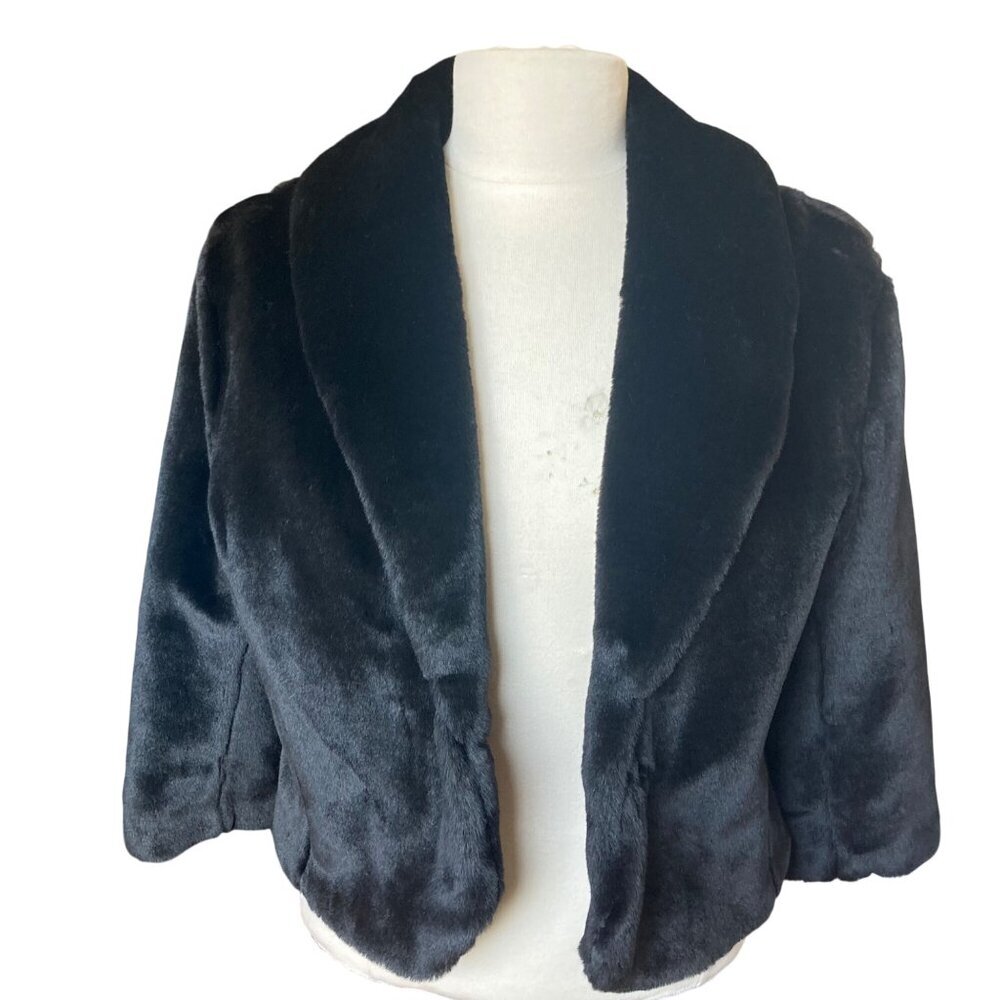 Black Rivet Faux Fur Open Jacket Womens Large 3/4 Sleeve Retro Mob Wife USA Made